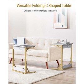 Tatub 24" Folding TV Tray Table, Marble C Shaped End Table for Couch, Small Sofa-Side Laptop Desk with Gold Metal Frame for Living Room, Bedroom, Bedside