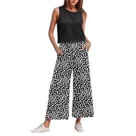 IWOLLENCE Women's Summer 2 Piece Outfits Set Round neck Sleeveless Tank Crop Top Wide Leg pants Set Pockets Jumpsuits Black White Heart M