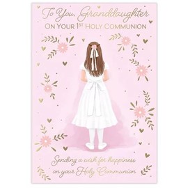 Poppy Hill First Holy Communion Card for Granddaughter, Pink and Gold Floral Design, 13 x 19 cm