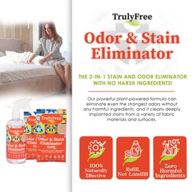 2-Pack TrulyFree Odor & Stain Eliminator - Odor and Stain Remover for Upholstery, Dog Pee, etc - Includes: Empty refillable 16oz Spray Bottle, 2 Refill pouches (3 oz ea), one for initial fill