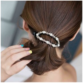 Yheakne Boho Pearl Hair Holder Barrette White Round Pearl Hair Cuff Hollow Ponytail Holder Clip Vintage Hair Holder Headwear Decorative Hair Accessories for Women and Girls Gifts (White bead)