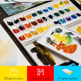 MEEDEN Airtight Leakproof Watercolor Palette Travel Paint Tray with A Large Mixing Areas, 33 Wells Yellow Folding Palette for Watercolor, Gouache, Acrylic Paint