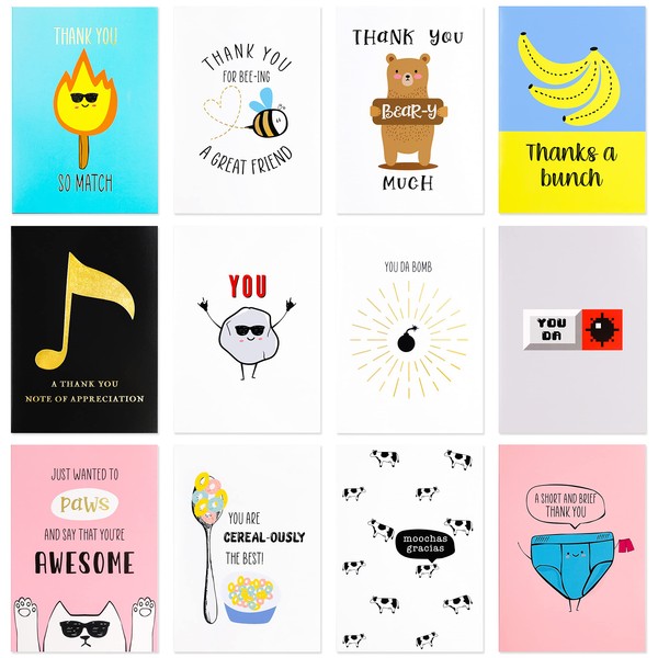 12 Large Funny Thank You Cards 5 x 7 Inch – Appreciation Cards and Pun Cards Printed on Premium Thick 350 GSM Paper – 12 Unique Eye Catching Designs in Funny Card Themes – Funny Greeting Cards Comes with 12 White Envelopes