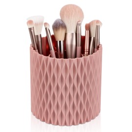 Anyoifax Makeup Brush Holder Organizer 361°Rotating Make Up Brushes Container for Vanity, Spinning Cosmetics Storage Cup, Ripple Pink