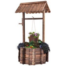 Giantex Outdoor Wooden Wishing Well with Hanging Bucket, Rustic Flower Plants Planter Patio Garden Yard Lawn Home Decor