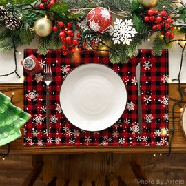 Artoid Mode Red and Black Buffalo Plaid Christmas Placemats for Dining Table, 12 x 18 Inch Seasonal Winter Xmas Snowflakes Holiday Rustic Vintage Thanksgiving Washable Table Mats Set of 6