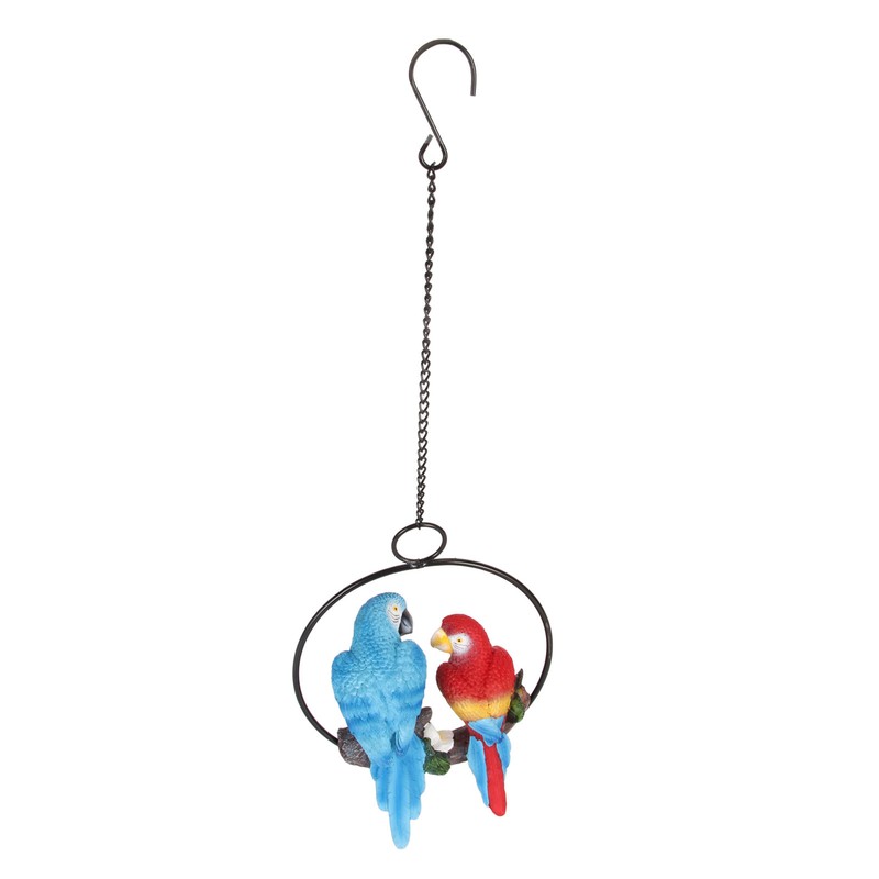 Metal Ring Double Parrot Statue Decorative Resin Perching On Branch