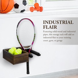 MyGift Wall Mounted Tennis Equipment Organizer Rack, Ping Pong Paddle Holder, Rustic Burnt Solid Wood Ball Storage Bin Basket and Industrial Black Metal Pipe Racket Hanging Holder