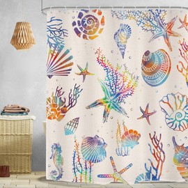 Omifly Colorful Starfish Seashells Shower Curtain 60Wx72H Inch Nautical Beach Coastal Vintage Ocean Sea Horse Coral Multicolor Rainbow with 12 Plastic Hooks Fabric Waterproof Toilet Accessories Decor