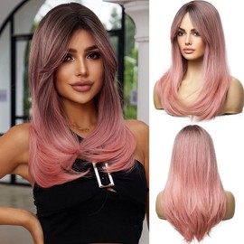 Esmee Long Straight Ombre Pink Wigs for Women Synthetic Layered Light Pink Hair Wig with Fringe for Daily Party Cosplay Use-20Inches