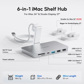 PULWTOP 6-in-1 USB C Hub for iMac 2021/2023/2024 Accessories iMac Hub for M1/M3/M4, USB-A/USB-C 10Gbps, 2 USB A 2.0, SD/TF Card Reader for iMac 24 inch and Studio Display 27 inch - Silver