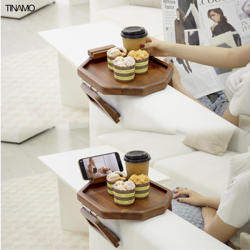 Tinamo Octagonal Acacia Sofa Arm Tray, Couch Armrest Table with