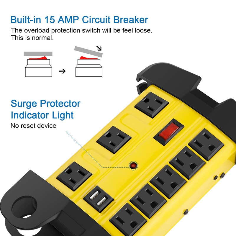 CCCEI Heavy Duty Power Strip with USB, Workshop 8 Outlet