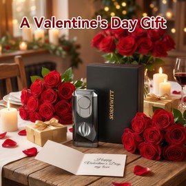 All-in-One Triple Torch Lighter, Built-in V Cutter, Holder, Adjustable Windproof Jet Flames Lighter, Refillable Butane Design, Ideal Gift for Men with Gift Box (Butane not Included) (Black)