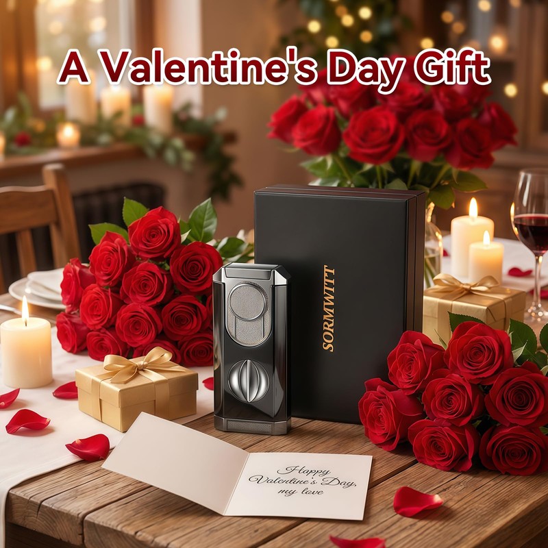All-in-One Triple Torch Lighter, Built-in V Cutter, Holder, Adjustable Windproof