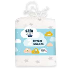 Silentnight Safe Nights Cot Size Fitted Sheets Set 100% Jersey Cotton Bedside Compatible Pack of Two Grey Star Easy Care Super Soft Cuddly for Baby with Storage Bag (120 x 60 x 12cm),Package may vary