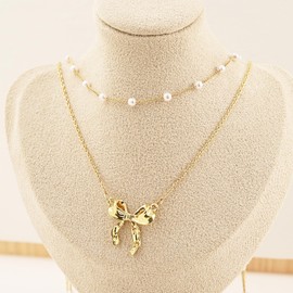 Layered Gold Necklace for Women Multilaye Gold Bow Necklace Pearl Necklace 14K Gold Plated Bow Necklaces Layered Choker Chain Necklace Cute Bow Pendant Trendy Necklaces for Women Gold Jewelry Gift. (Gold)