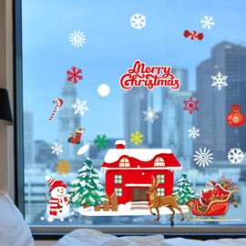 Dozesheep Christmas Window Clings Stickers, Xmas Snowflake Sticker, Santa Claus Snowman Decals for Party, Reindeer Winter Static Wall Stickers Home Office Decorations, Dozesheep01a