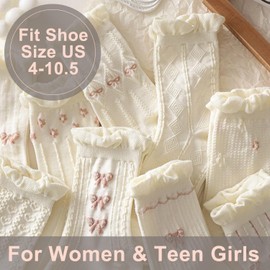 Cute Floral Crew Socks for Women Teen Girls Flower Cottagecore Frilly Vintage Fancy Cotton Socks White Frilly Mary Jane Socks