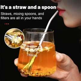 Clyhon Pack of 8 Stainless Steel Drinking Straws, Long Spoon Straws, Reusable Spoon Straws, Metal Spoons with 4 Straws, Cleaning Brush for Smoothies, Milkshakes, Cocktail, Coffee