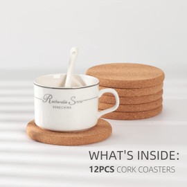 12 Cork Coasters Round Extra Thick Drink Coasters with Curved Edges 0.4" Thick 4" Diameter Wooden Coasters Bulk, Absorbent and Reusable Fit for Dining Tables Desks Bars