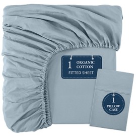 LANE LINEN Single Fitted Sheet – 100% Organic Cotton Bottom Sheet with 2 Pillow Covers, Ultra Soft & Breathable, 35cm Deep Pocket, Elastic Edges for Secure Fit - French Blue