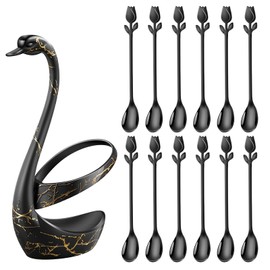 SGVRPVZ Black Small Coffee Spoon Holder Set,Swan Base With 12 Pcs Demitasse Espresso Spoons Set,6" Mini Tulip/Rose Dessert Spoon,Stainless Steel Tea Spoons