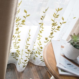 Melodieux Flower Embroidery Sheer Curtain for Living Room Bedroom, Farmhouse Style Rod Pocket Voile Drape, White/Green, 52 by 84 Inch (1 Panel)