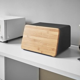 YAMAZAKI Metal Bread Box With Removable Bamboo Wooden Cutting Board Lid, Kitchen Storage Box