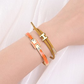 Hothink H Bracelets for Women,H Bangle and H Wire Rope Bracelet Set,Dainty Gold Bracelets Set for Christmas Mothers Day Gifts for Women (Gold-Orange)