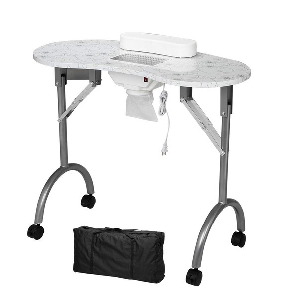 Mefeir Manicure Nail Table, Foldable MDF Laminated Home Nail Beauty Technician Desk, Spa Salon Workstation with Electric Dust Collector, Client Wrist Pad and Carrying Bag