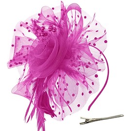 db11 Fascinators Hat Flower Mesh Ribbons Feathers on a Headband and a Clip Tea Party Headwear for Women (Rose Red)