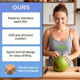 Food Grade Stainless Steel Coconut Opening Tool Pouch Tap for Young Fresh Thai Hawaii Coco Water Juice Reusable Straws, Easy & Convenient Straw Hole Maker Rotating Spring Pressure 1Pack