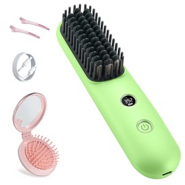 STUDLLY LCD Screen Cordless Hair Straightener Curler 2 in 1, Portable Mini Hair Straightening Brush for Travel Negative Ionic Fast Heating Hot Comb for Women, Folding Brush with Mirror, Green