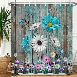 Viajar Rustic Farmhouse Floral Shower Curtain Rustic Farmhouse Daisy Shower Curtain Spring Daisy Shower Curtain Rustic Wooden Shower Curtain Set with Hooks, 72x75 Inch, Green