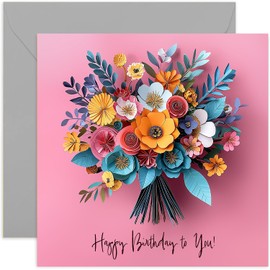 Papercut Flower Artwork Happy Birthday Card - Cute Floral Design - Pink Birthday Card for Her - For Sister Wife Friend Colleague Mum - Non 3d Design - Beautiful Charming Design for Her
