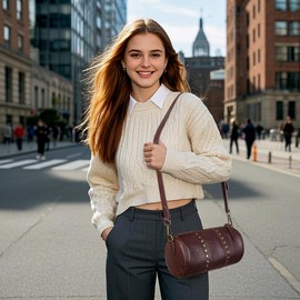 Genuine Leather Round Crossbody Bags for Women Travel Cross Body Purse Small Women's Handbags Boho Rivet Studded Sling Shoulder Bag Coffee