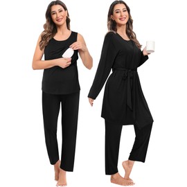 SWOMOG Maternity Nursing Robe Set 3 Piece Postpartum Pajamas Women Breastfeeding Pregnancy Hospital Labor Delivery Pjs, Pants, Black X-Large