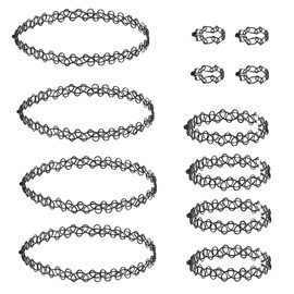 Qinsky Choker Necklace Sets,12 Pcs Tattoo Necklace Choker Necklaces Bracelets Rings Plastic Elastic Stretch Necklaces Tattoo Choker Jewelry for Women Girls(Black)