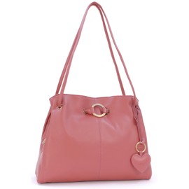 Gigi - Ladies Leather Shoulder Bag - Medium Tote Handbag With Multiple Compartments - With Heart Keyring Charm - OTHELLO 4323 - Pink