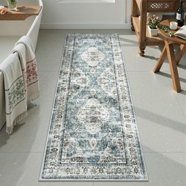 Uphome Bathroom Rugs Runner, Distressed Farmhouse Boho Blue Bath Mat, Non Slip Washable Long Bath Rugs, Vintage Traditonal Soft Velvet Bathroom Runner for Bathtub Sink Shower, 20x60 inch