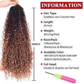 Xtrend 24 Inch 8 Packs 3 Tones River Faux Locs Crochet Hair With Curly Hair In Middle And Ends 12 Strands/Pack Pre-Looped Crochet Braids Messy Bohemian Fuax Locs Hair Extensions 1B3027#