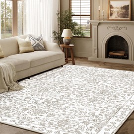PureCozy Floral Rug 6x9 Washable Living Room Rug Non Slip Taupe Bedroom Rug Kitchen Throw Rug Lightweight Vintage Floor Carpet Indoor Chenille Accent Rug for Farmhouse Dining Room