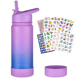 mininoo Kids Water Bottle, 16oz Stainless Steel Insulated Water Bottle Kids with Straw Lid Leak Proof (Purple/Blue)