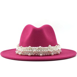 Qkrlamx Black Fedora Hats for Women Wool Panama Hat with Pearl Band Wide Brim Felt Hat Classic Trilby Hat Hot Pink
