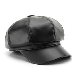 Lopsity 8 Panels Newsboy Caps for Women Vintage PU Leather Visor Beret Baker boy Cap Cabbie Hat for Women Men (PU Leather, Black)