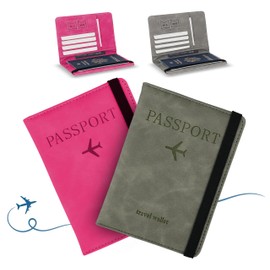 GVTECH Cartera para Pasaporte RFID, [2 Pack] Funda para Hombres y Mujeres, Protector de Pasaporte, Viaje Accesorios Mujer (Grey+Pink)