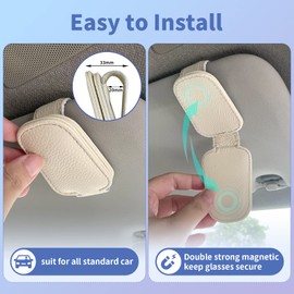 2 Pack Universal Sunglass Holder For Car Sun Visor, Automotive Magnetic Leather Glasses Holder Keep Glasses & Auto Items Secure, Eyeglass Holder，Ticket Card Clip & Sunglass Visor Clips For Cars(Beige)