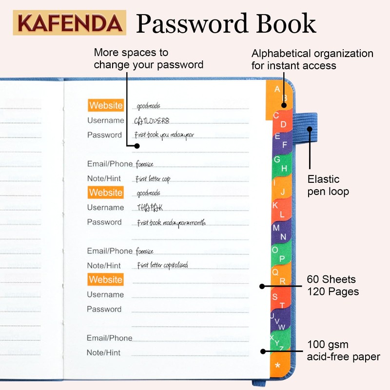 KAFENDA Password Book with Alphabetical Tabs, Address Book for Website