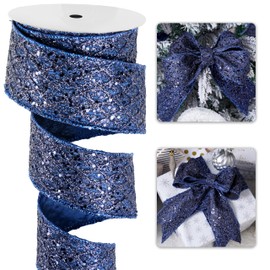 LIZLOVESS Navy Blue Christmas Ribbon 2.5" Glitter Mesh Wired Ribbon for Christmas Tree Blue Diamond Honeycomb Ribbon for Gift Wrapping, Crafts, Wreath Supplies, Garland, Tree Topper Bows - 10 Yards
